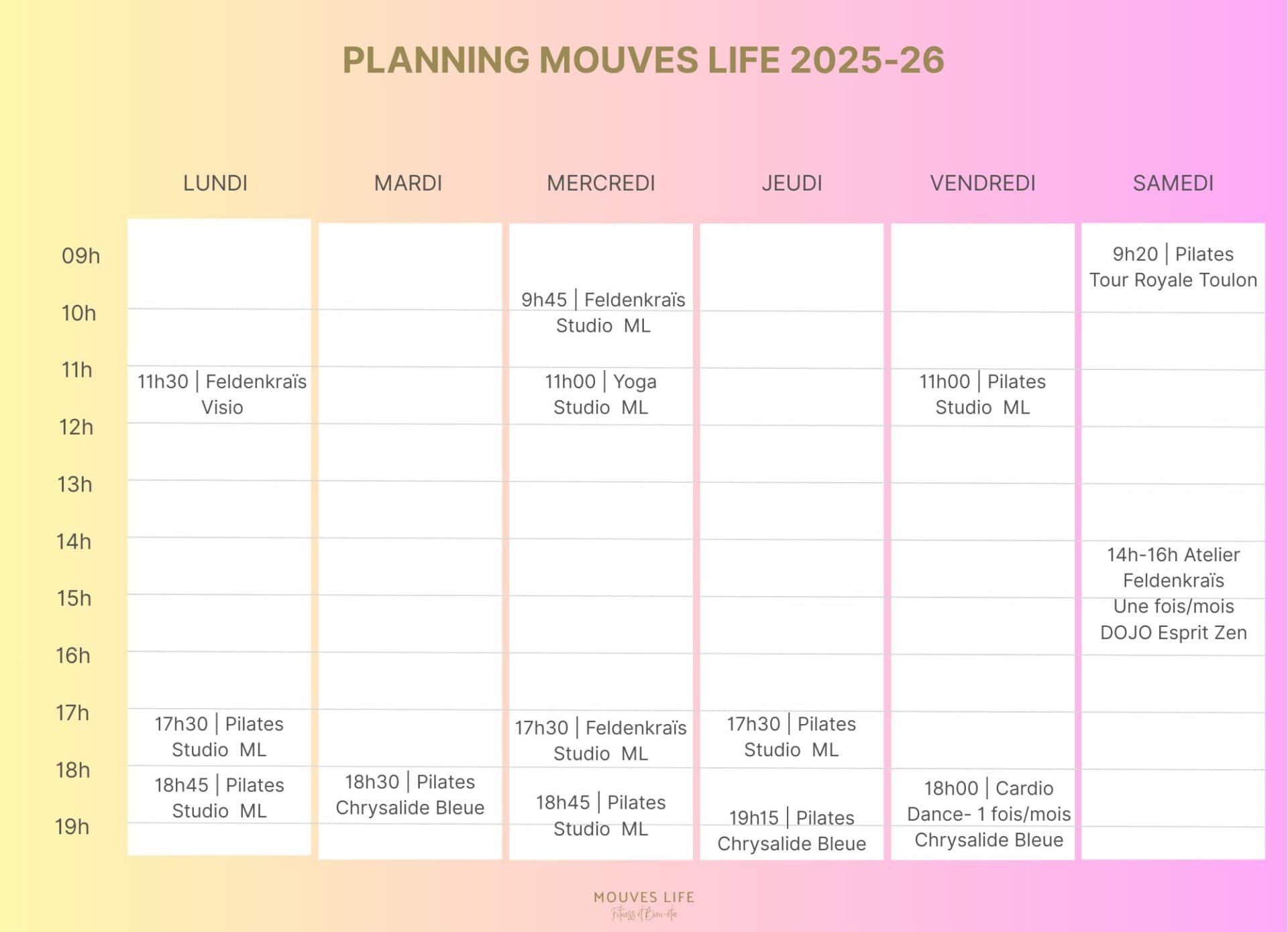 Planning des cours collectifs à Toulon et la Valette : Pilates, Yoga, Feldenkraïs