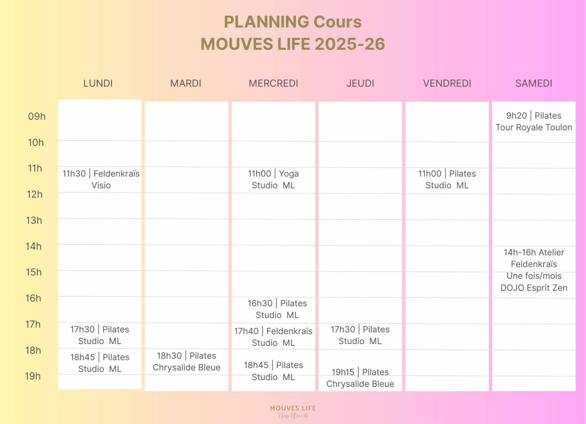 Planning des cours collectifs à Toulon et la Valette : Pilates, Yoga, Feldenkraïs
