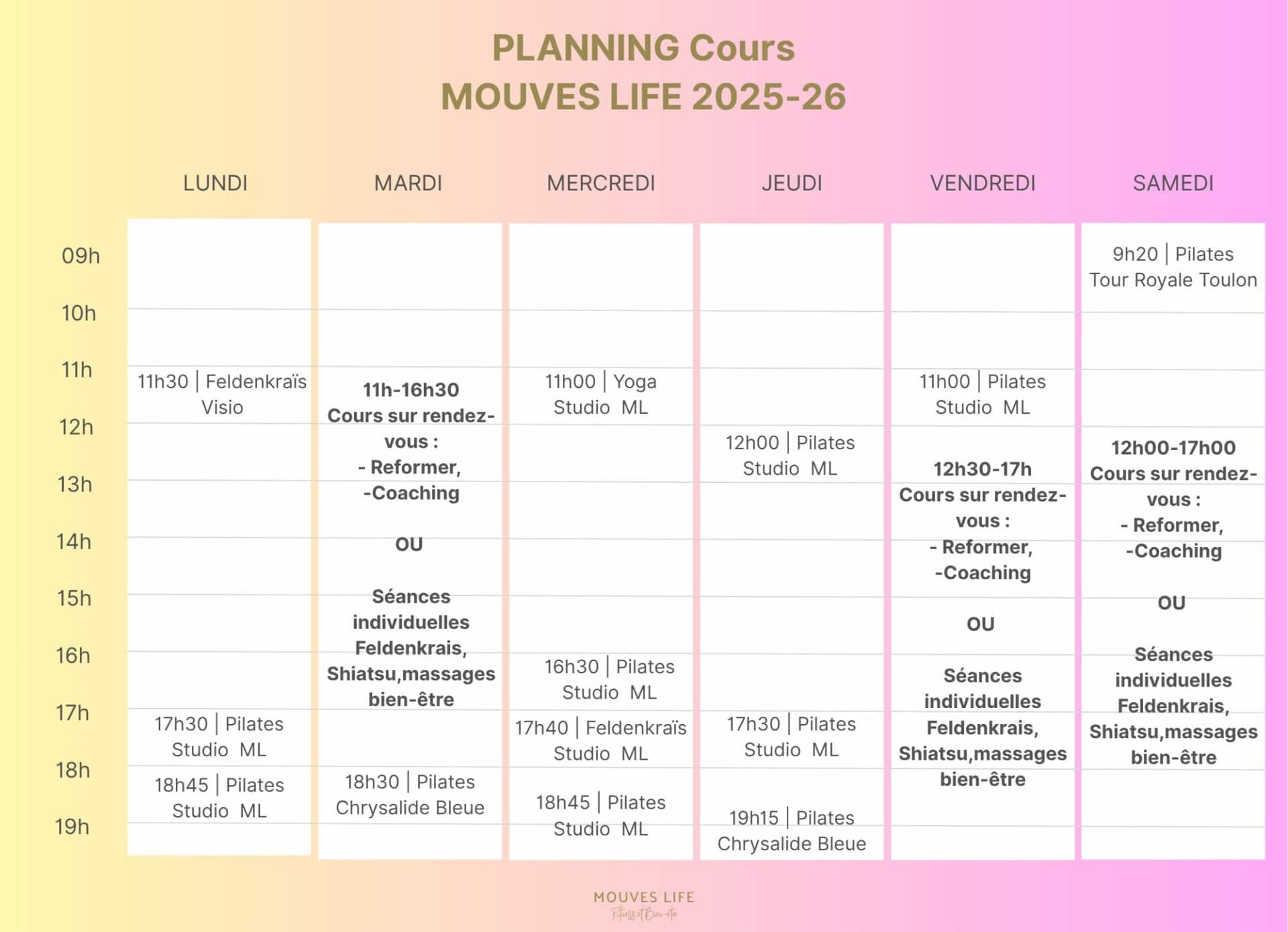 Planning des cours collectifs à Toulon et la Valette : Pilates, Yoga, Feldenkraïs. Merci de nous contacter si vous souhaitez réserver votre cours d'essai