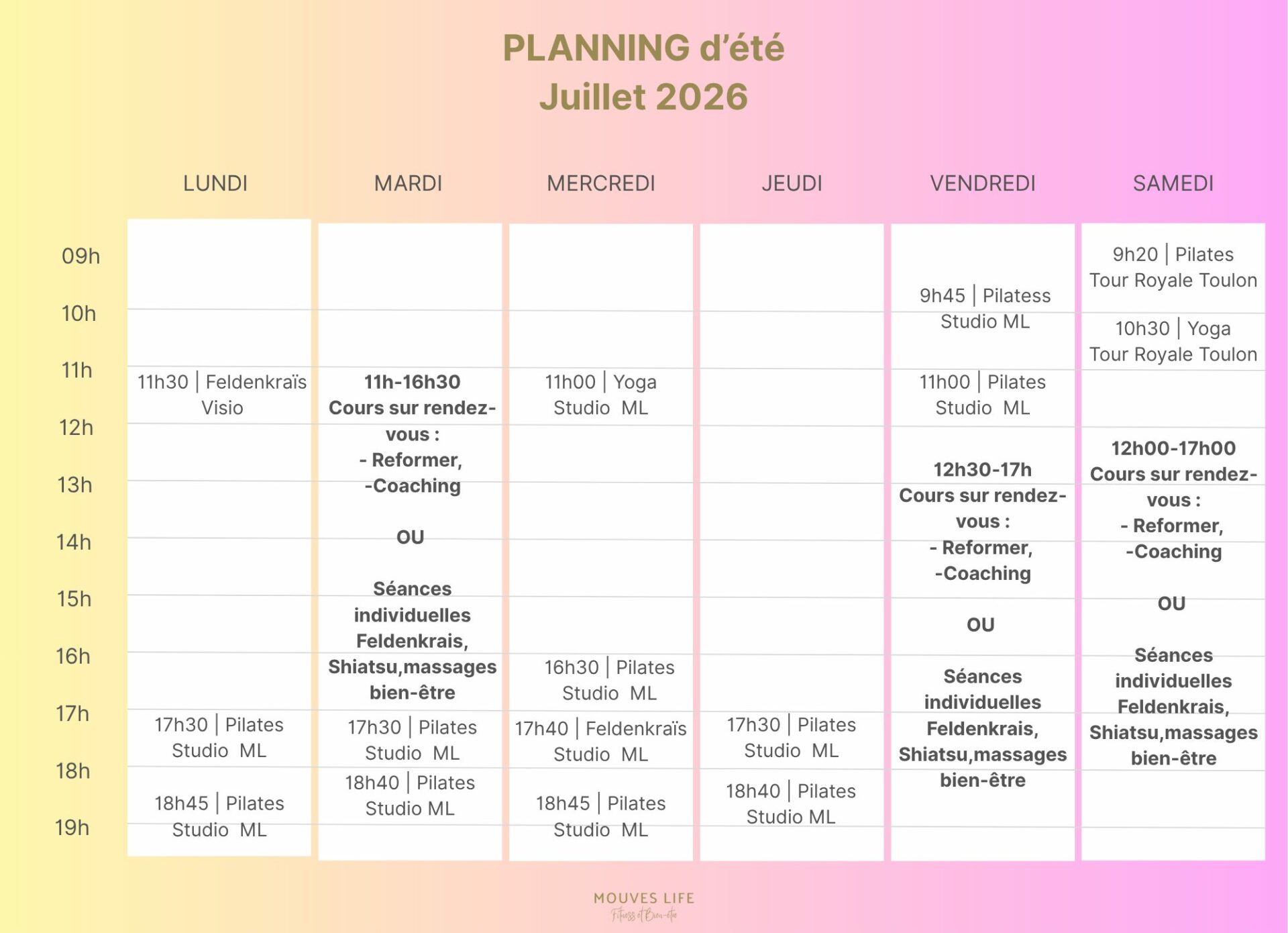 Planning d'été juillet avec séances de Pilates, Yoga et Feldenkrais en intérieur et plein air à Toulon