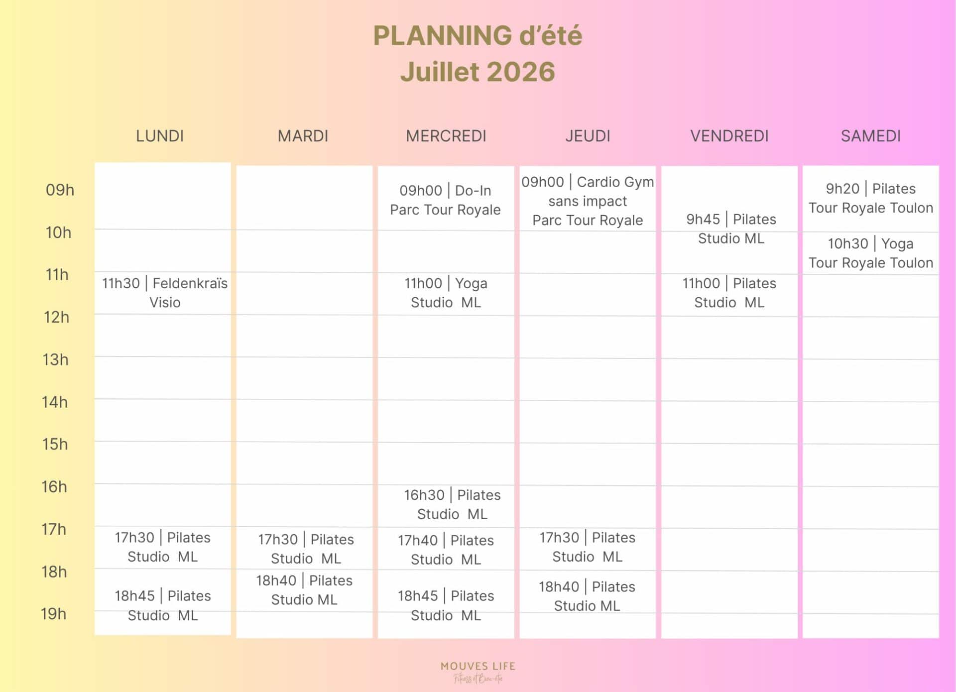 Planning d'été juillet avec séances de Pilates, Yoga et Feldenkrais en intérieur et plein air à Toulon