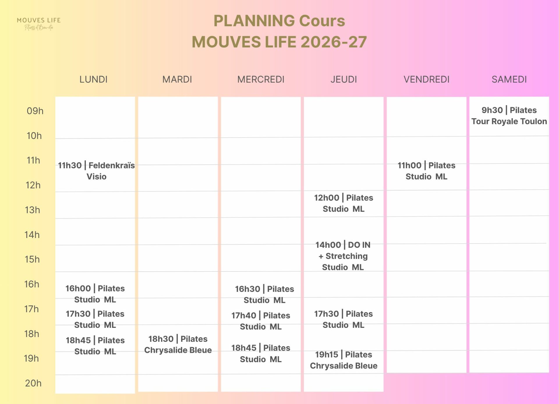 Planning des cours collectifs à Toulon et la Valette : Pilates, Yoga, Feldenkraïs. Merci de nous contacter si vous souhaitez réserver votre cours d'essai