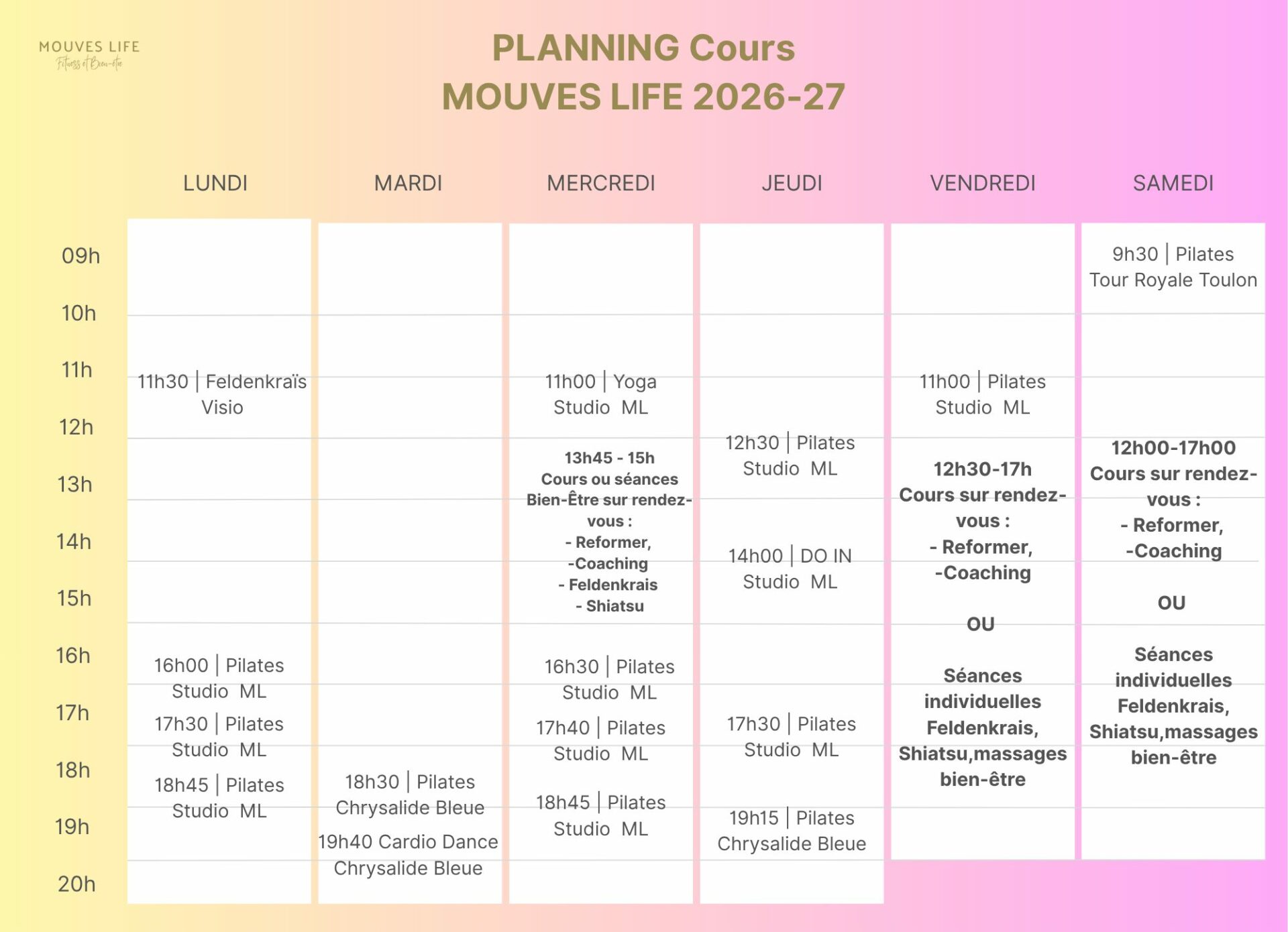 Planning des cours collectifs à Toulon et la Valette : Pilates, Yoga, Feldenkraïs. Merci de nous contacter si vous souhaitez réserver votre cours d'essai