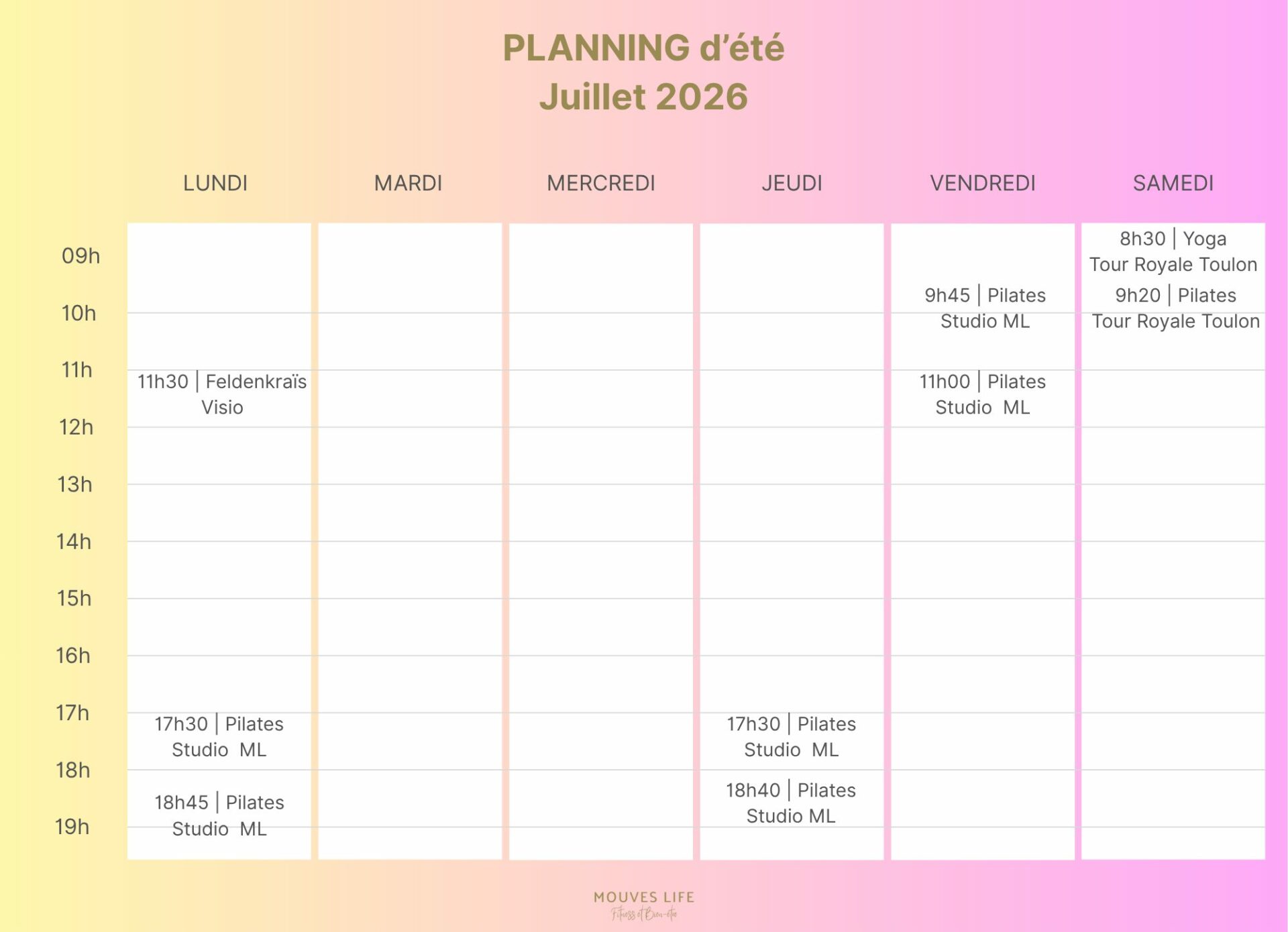 Planning d'été juillet avec séances de Pilates, Yoga et Feldenkrais en intérieur et plein air à Toulon