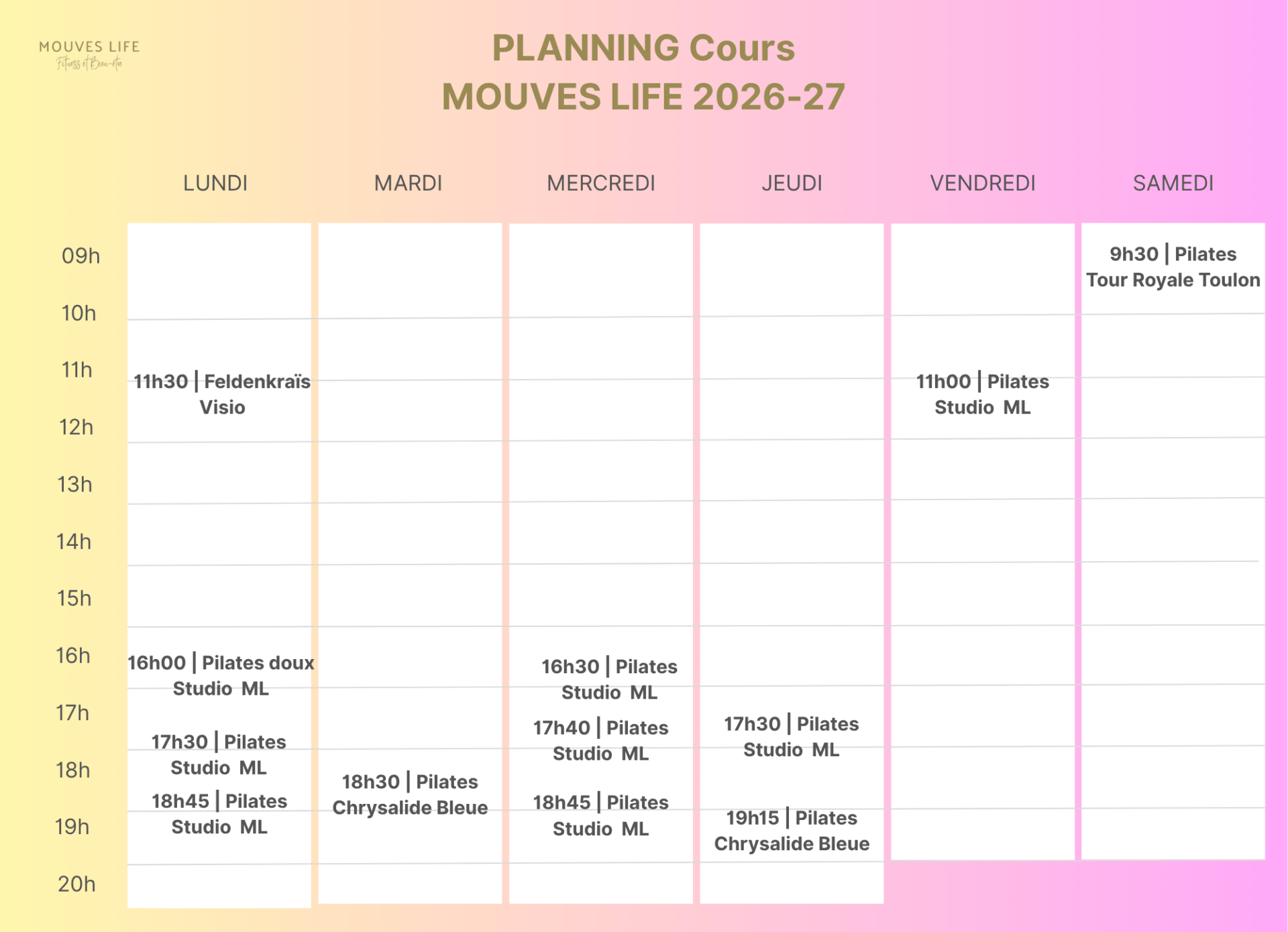 Planning des cours collectifs à Toulon et la Valette : Pilates, Yoga, Feldenkraïs. Merci de nous contacter si vous souhaitez réserver votre cours d'essai